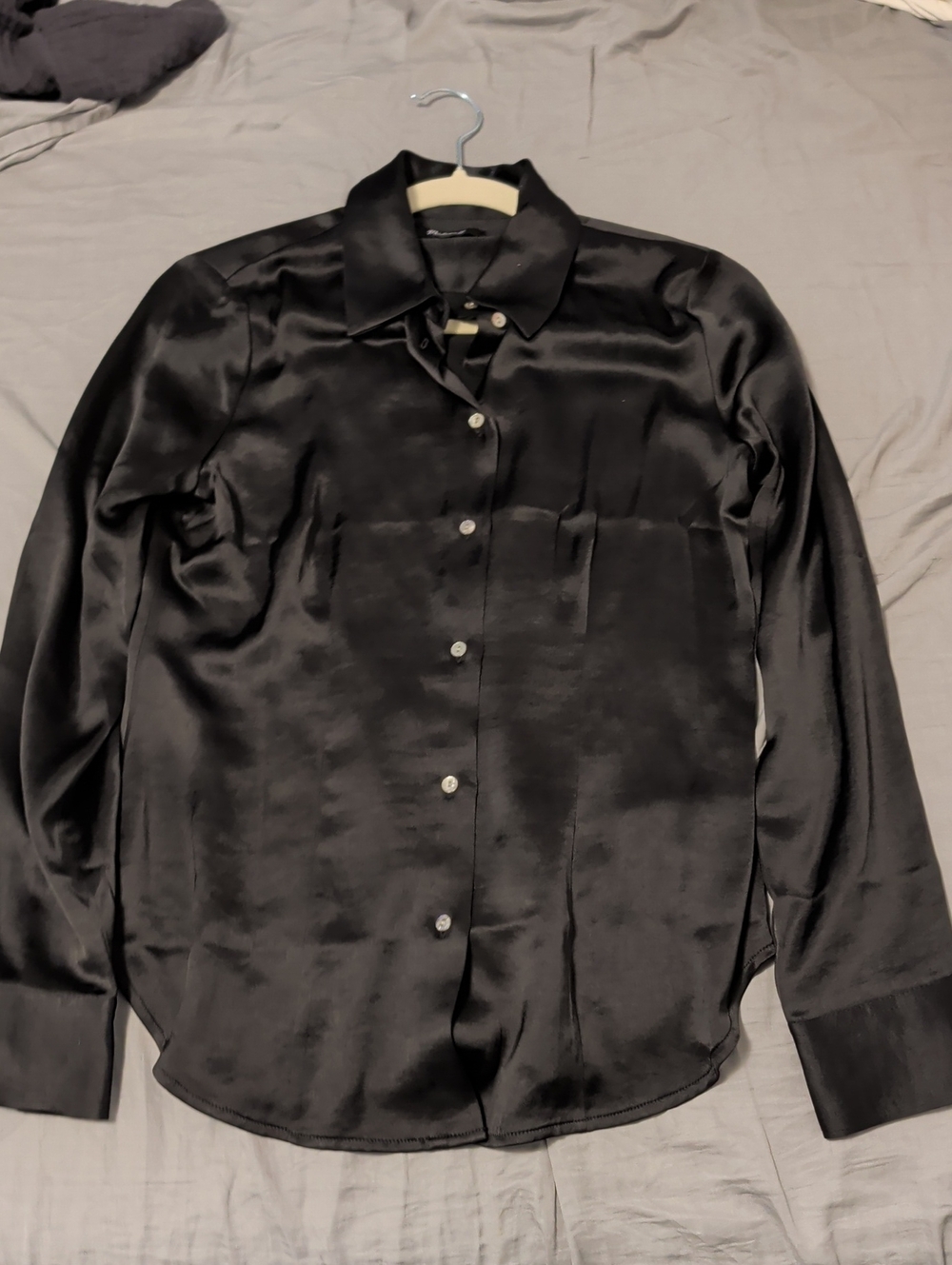 Madewell Black Satin Button-Up Blouse